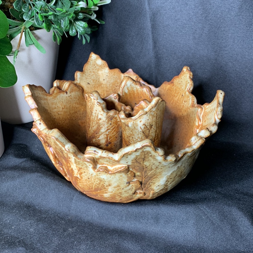 Handmade signed pottery leaf Ikebana / vase